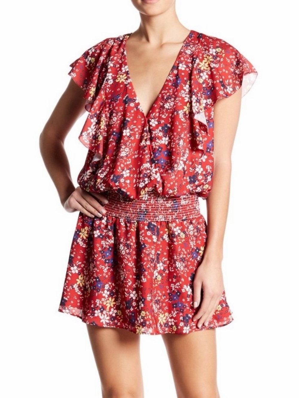 Parker Mini Dress Size Medium Red Floral Smocked Waist Flutter Sleeves Party